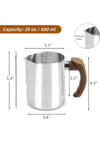 Süt Köpürtme Sürahisi 20 Oz (600ML), Haşlanma Önleyici Saplı Espresso Buharlama Sürahileri, Süt Köpürtücü Bardak Paslanmaz Çelik (Yurt Dışından)