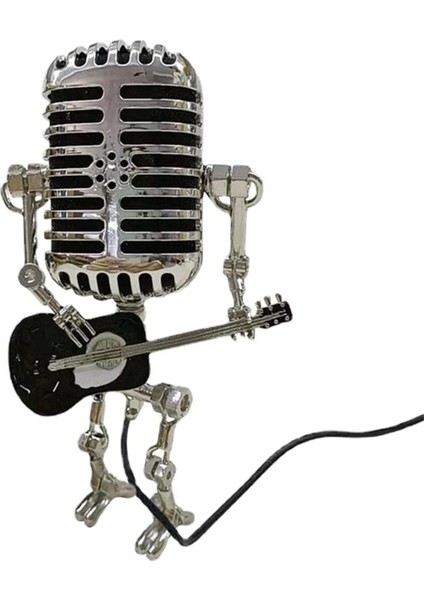 Mikrofon Lambası - Lamba Kafası Vintage Metal Mikrofon Robot Masa Lambası Retro Tarzı Ev Süsleri, Siyah ve Gümüş (Yurt Dışından)
