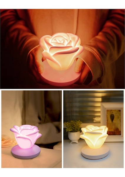 USB Şarj Gül Gece Lambası Üç Dişli Basın Romantik Masa Lambası LED Silikon Atmosfer Lambası Günü Hediyesi D (Yurt Dışından)