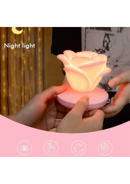 USB Şarj Gül Gece Lambası Üç Dişli Basın Romantik Masa Lambası LED Silikon Atmosfer Lambası Günü Hediyesi D (Yurt Dışından)