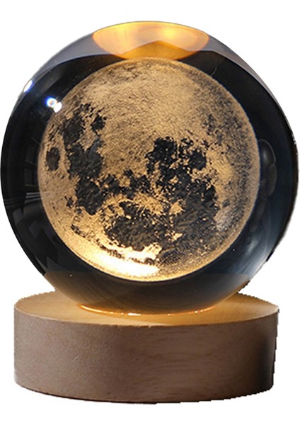Içinde Oymalı Kristal Küreli Kristal Renkli Gece Lambası, Aydınlık Süsleme, Ahşap Tabanlı Yıldızlı Hediye, Ay (Yurt Dışından)