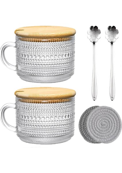 Vintage Kahve Bardağı Kupa Seti 2'li, Bambu Kapaklı Cam Kahve Çay Bardakları, Bardak Altlığı ve Kaşık, 15OZ Şeffaf Kabartmalı A (Yurt Dışından)