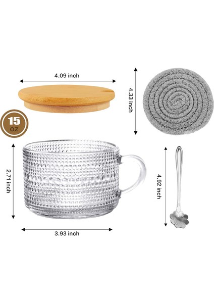 Vintage Kahve Bardağı Kupa Seti 2'li, Bambu Kapaklı Cam Kahve Çay Bardakları, Bardak Altlığı ve Kaşık, 15OZ Şeffaf Kabartmalı A (Yurt Dışından) fiyatları
