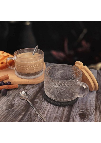 Vintage Kahve Bardağı Kupa Seti 2'li, Bambu Kapaklı Cam Kahve Çay Bardakları, Bardak Altlığı ve Kaşık, 15OZ Şeffaf Kabartmalı A (Yurt Dışından) indirimleri