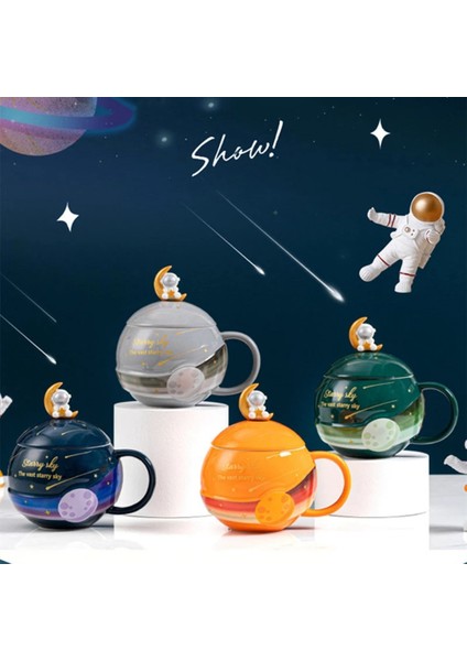 Çocuklar Seramik Kupalar 420 ml Gezegen Hediye Drinkware Uzay Yürüyüşü Sevimli Su Çay Kapaklı Bardak Astronot Kahve Kupa-3 (Yurt Dışından)