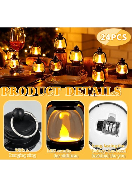 24 Adet Siyah Elektronik Mum Fener Işığı Alevsiz LED Gaz Lambası Mini Mum Işığı Asılı Fener Noel (Yurt Dışından)