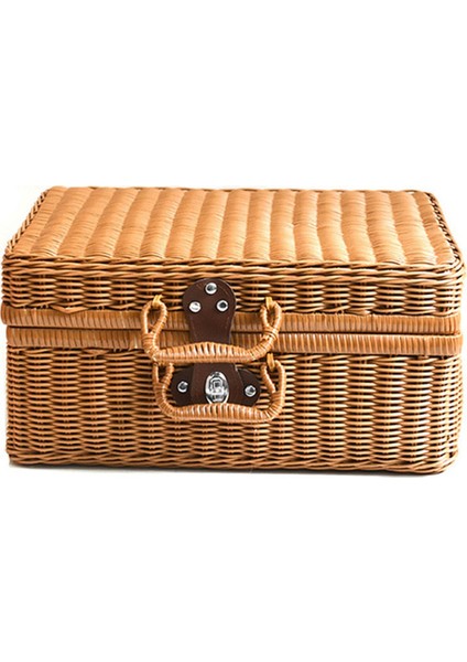 Retro Taklit Rattan Piknik Sepeti Dokuma Bavul El Dokuma Fotoğraf Sahne Ev Dekorasyon Depolama Kahverengi (Yurt Dışından)