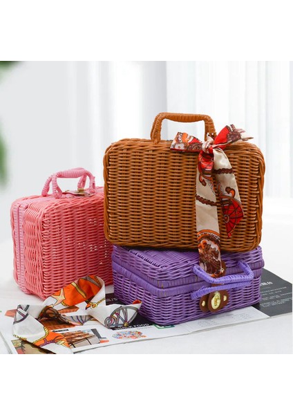 Retro Taklit Rattan Piknik Sepeti Dokuma Bavul El Dokuma Fotoğraf Sahne Ev Dekorasyon Depolama Kahverengi (Yurt Dışından) indirimleri