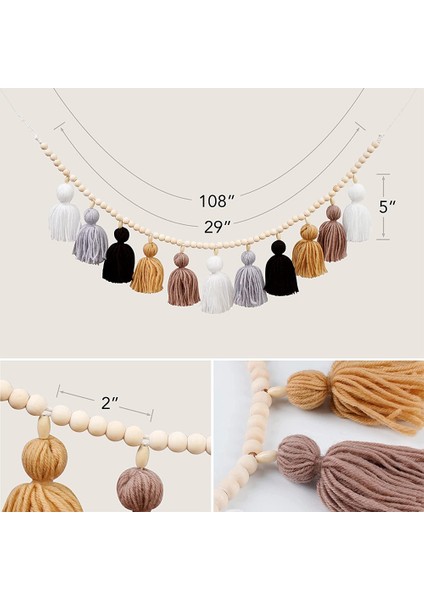 Ahşap Boncuklu Boho Çelenk, Dekoratif Banner Duvara Asılan Kız Odası Kreş Bebek Partisi Sınıf A (Yurt Dışından)