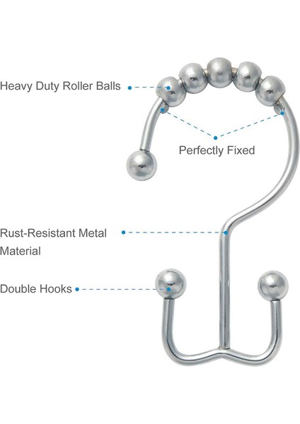 Duş Perdesi Halkaları Kanca, Paslanmaya Dayanıklı Metal Çift Duş Kancaları Banyo Için Duş Perdesi Çubuk Seti 12 (Yurt Dışından)
