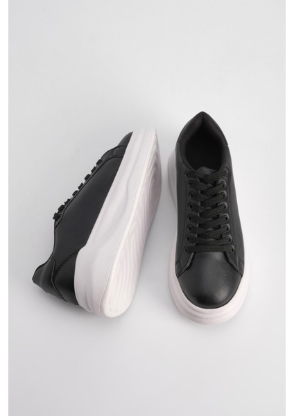 Kadın Sneaker Kalın Desenli Taban Bağcıklı Spor Ayakkabı Bekor Siyah