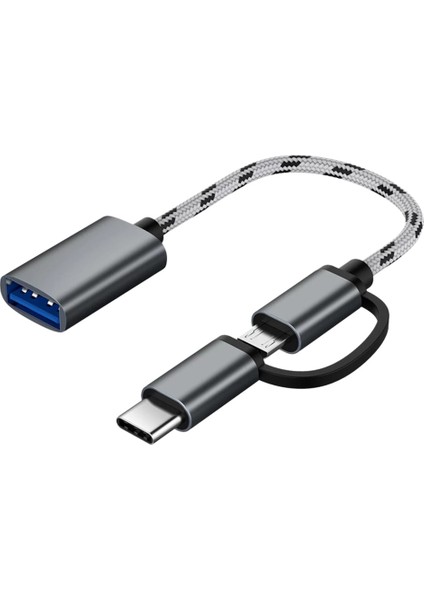 2'si 1 Arada USB Otg Kablo Tip-C / Mikro Usb'den USB 3.0'a Adaptör Örgülü Android Telefon Için Tasarlanmış Veri Aktarım Kablosu (Gri) (Yurt Dışından)
