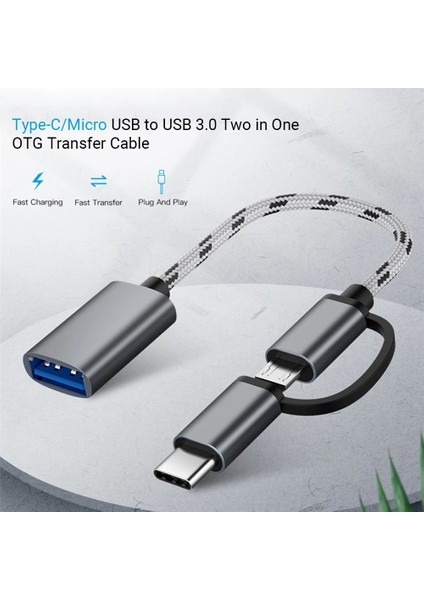 2'si 1 Arada USB Otg Kablo Tip-C / Mikro Usb'den USB 3.0'a Adaptör Örgülü Android Telefon Için Tasarlanmış Veri Aktarım Kablosu (Gri) (Yurt Dışından)