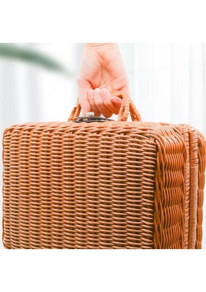 Retro Taklit Rattan Piknik Sepeti Dokuma Bavul El Dokuma Fotoğraf Sahne Ev Dekorasyon Depolama Beyaz (Yurt Dışından)