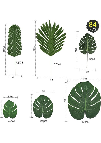 84 Pcs 6 Çeşit Yapay Palmiye Yaprakları, Tropikal Monstera Yaprakları, Orman Yaprakları Süslemeleri, Saplı Palmiye Yaprağı (Yurt Dışından)