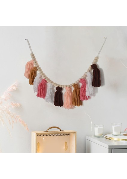 Boho Garland Duvara Asılan Dekor Pastel Banner, Ahşap Boncuklu ve 2 Parça Renkli Pom Pom(A) (Yurt Dışından) fiyatları