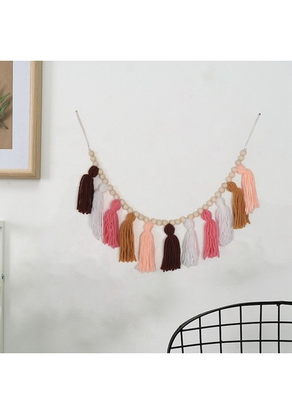 Boho Garland Duvara Asılan Dekor Pastel Banner, Ahşap Boncuklu ve 2 Parça Renkli Pom Pom(A) (Yurt Dışından) fırsatları