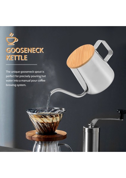 350ML Uzun Dar Borulu Cezve Gooseneck Su Isıtıcısı Paslanmaz Çelik El Damlama Su Isıtıcısı Ahşap Kapaklı Kahve ve Çaydanlık Üzerine Dökün (Yurt Dışından)