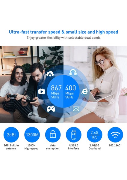 1300M Usb3.0 Kablosuz Ağ Kartı Wifi Adaptörü 2.4g ve 5g Çift Bantlı Kararlı Sinyal Adaptörü Pc Masaüstü Dizüstü Bilgisayar Için (Yurt Dışından)