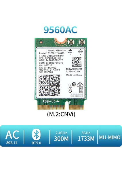 9560NGW Wifi Kartı + Anten 1730MBPS Kablosuz Ac 9560 Çift Bant 2.4g+5g Bt 5.0 802.11AC M.2 Cnvı 9560NGW Kablosuz Adaptör (Yurt Dışından)