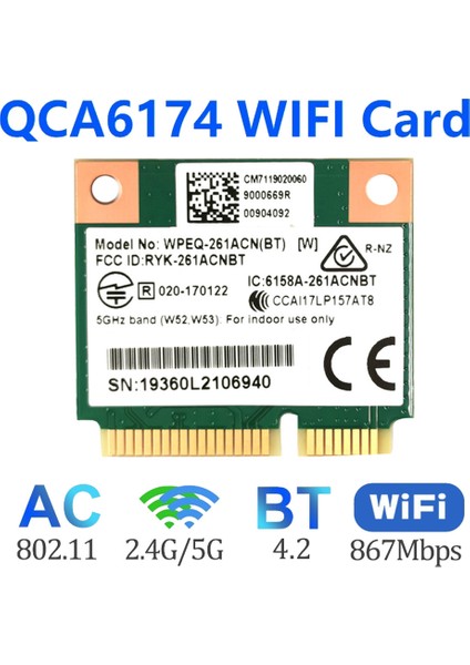 QCA6174 WPEQ-261ACN(BT) Wıfı Kartı 802.11AC 867M QCA6174 Bluetooth 4.2 Wıfı 5 Mini Pcıe Kablosuz Kartı (Yurt Dışından)