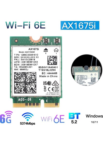 AX1675I Wıfı Kartı Wifi 6e M.2 Anahtar E Cnvio 2 Band 2.4g/5g/6ghz Kablosuz Kart AX211 Bluetooth 5.2 Desteği Win 10 (Yurt Dışından)