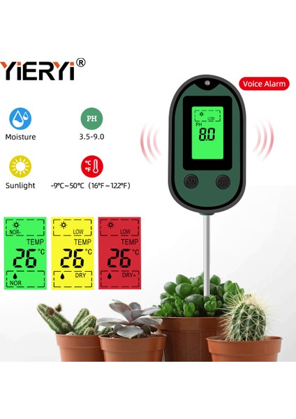 Yıeryı 4'ü 1 Arada Toprak Ph Ölçer Toprak Nemi Test Cihazı Bahçe, Çim, Çiftlik, Sebzeler Için Işık ve Sesli Alarm ile Bahçe Güneş Işığı Sıcaklık Test Kiti (Yurt Dışından)