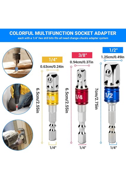 19 Parçalı Altıgen Saplı 105° Sağ Açılı Matkap Ucu Aparatı Için 1 Takım Evrensel 3 Parça 1/4 3/8 1/2 Inç Soket Adaptör Kiti (Yurt Dışından) fırsatları