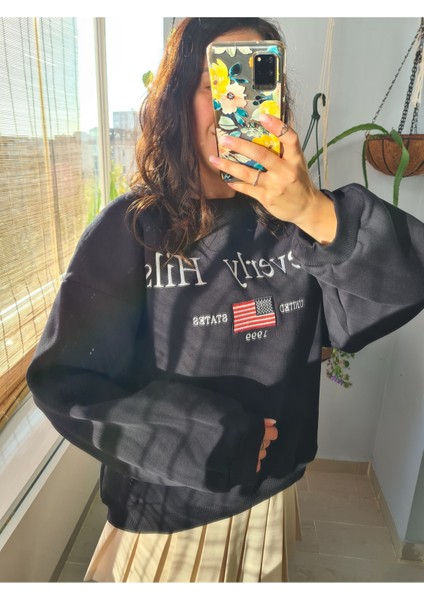 3 Iplik Şardonlu Oversize Sweatshirt Lacivert