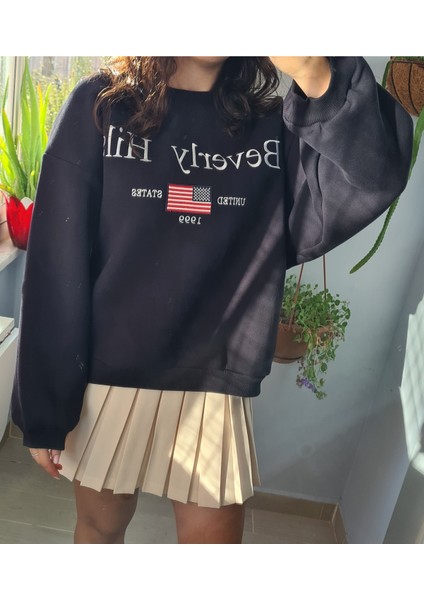 3 Iplik Şardonlu Oversize Sweatshirt Lacivert