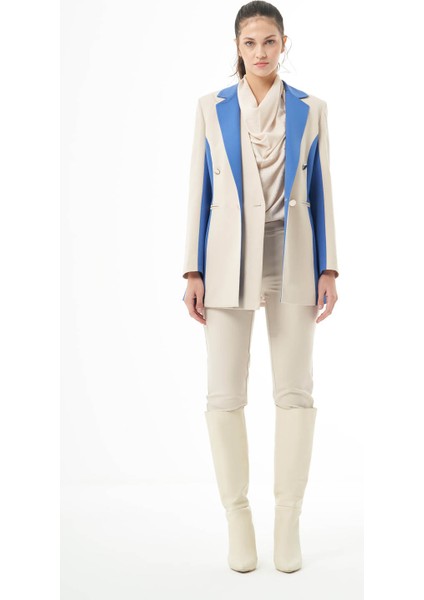 Tasarım Renk Bloklu Bej-Indigo Ceket