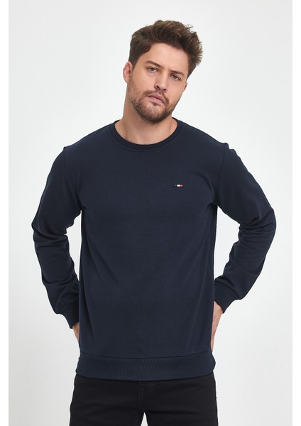 Erkek Lacivert Bisiklet Yaka Nakış Detaylı Regular Fit Sweatshirt