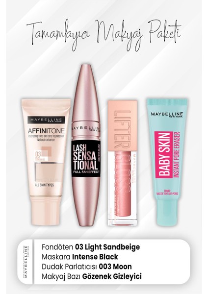 Affinitone Fondöten 03, Full Fan Maskara Intense Black, Dudak Parlatıcı 003 Moon ve Makyaj Bazı Baby