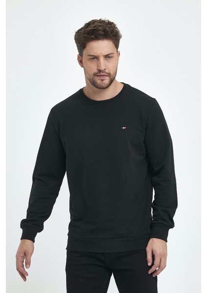 Erkek Siyah Bisiklet Yaka Nakış Detaylı  Regular Fit Sweatshirt