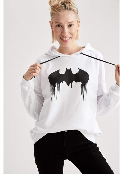 Beyaz Batman Baskılı Kapşonlu Sweatshirt