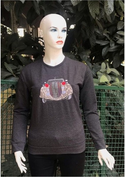 Kadın Gri Araç Baskılı Sweatshirt