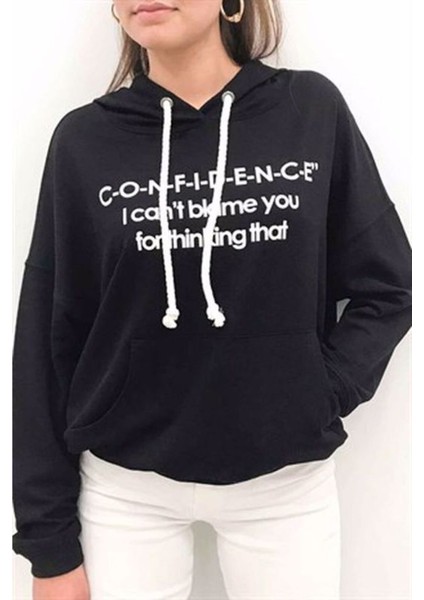 Siyah Kapşonlu Kanguru Cep Baskili Sweatshirt