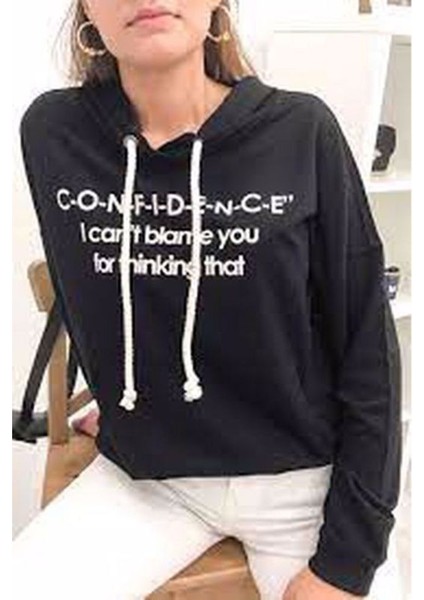 Siyah Kapşonlu Kanguru Cep Baskili Sweatshirt fiyatları