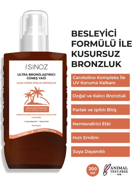 Kusursuz Bronzlaştırıcı Güneş Yağı Spreyi 200 ML Hindistan Cevizi Kakao Havuç Yağı İçeren