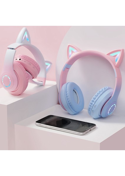 LED Flaş Işık Kulaklık Sevimli Kediler Kulaklar Kablosuz Kulaklık Mic ile Çocuk Kız Stereo Müzik Kulaklıklar Tws Bluetooth 5.0 B (Yurt Dışından)