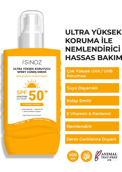 SPF 50+ Ultra Yüksek Koruyucu Vücut Güneş Kremi Sprey 200 ML Nemlendirici Hassas Bakım