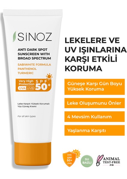 Sinoz Spf 50 Leke Karşıtı Yüksek Koruyucu Yüz Güneş Kremi 50 ml Normal Ve Kuru Ciltler Için