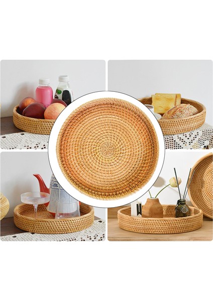 Rattan Yuvarlak Servis Tepsisi Hasır Tabak Kek Tabağı Tabağı El Dokuma Servis 22CMX3CM (Yurt Dışından)