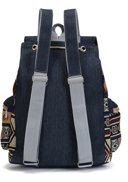 Etnik Tarz Kadın Sırt Çantası Denim Kontrast Renkli Sırt Çantası Büyük Kapasiteli Rahat Okul Çantası (Yurt Dışından)