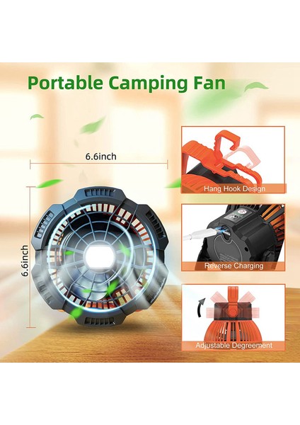 LED Fenerli Kamp Fanı, Asma Kancalı 25 Saat Taşınabilir Kumandalı Fan, Şarj Edilebilir Dış Mekan Çadır Fanı (Yurt Dışından) modelleri