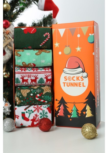 5'li Yılbaşı Desenli Renkli Geyik Çorap Set