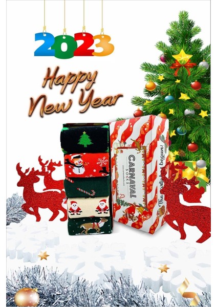 5'li Yılbaşı Christmas Desenli Renkli Hediye Çorap Kutusu