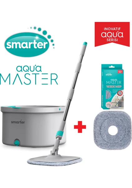 SMARTER AQUA MASTER TEMİZLİK SETİ + YEDEK MOP TEMİZ & KİRLİ SUYU AYIRMA ÖZELLİĞİ OTOMATİK TEMİZLİK SETİ MOP PASPAS