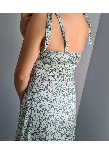 Omuzdan Bağlamalı Çiçekli Saten Elbise modelleri