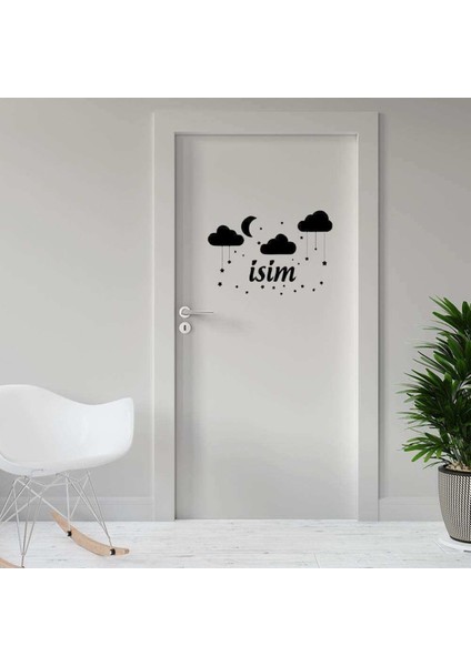 Ay, Bulut ve Yıldızlar Uyku Temalı - Isme Özel Dekoratif Kapı Sticker, Çıkartma 001